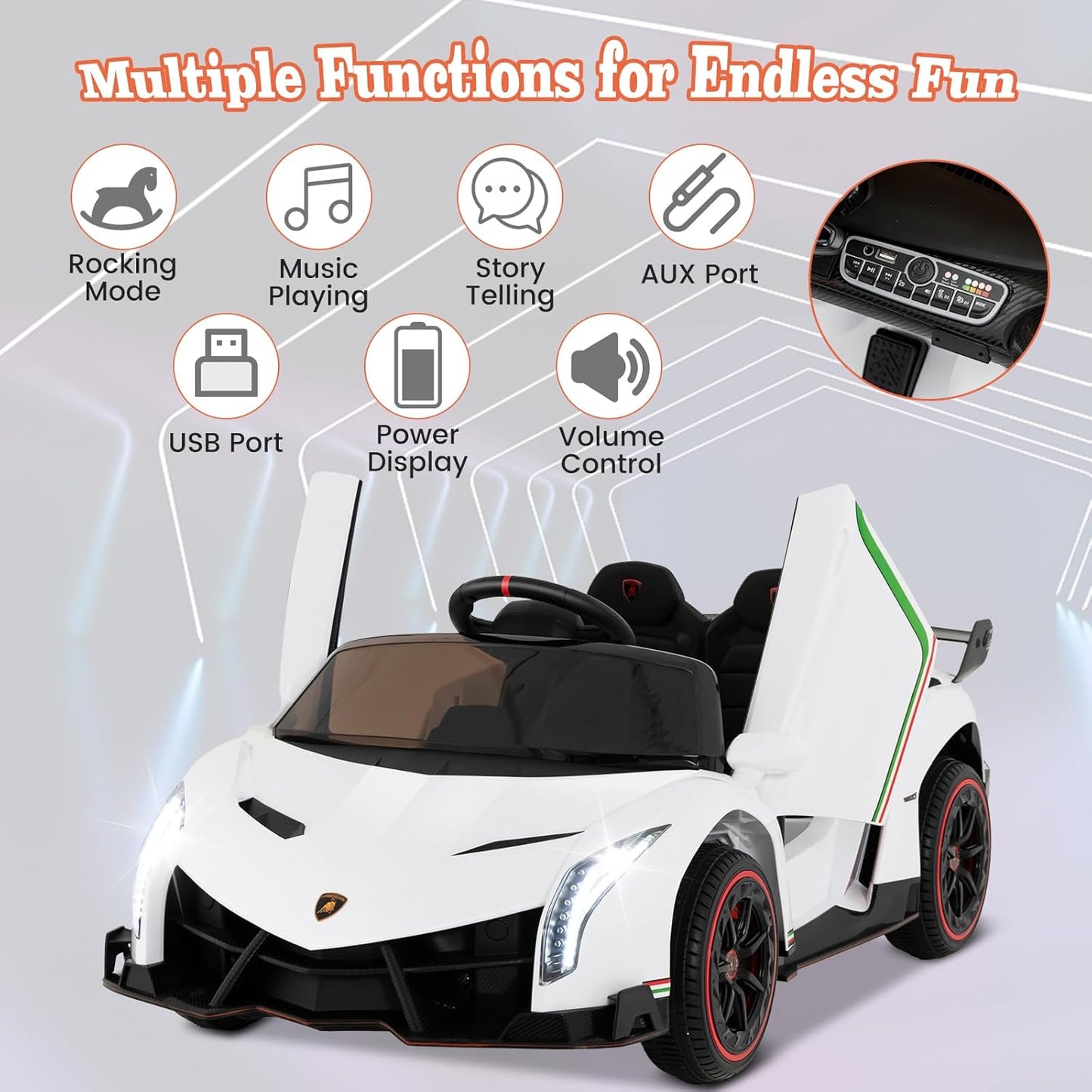 Costzon Ride on Car, Lamborghini Licensed 12V Battery Powered 4WD Sports Car with Remote Control, 3 Speeds, Hydraulic Doors, LED Lights, Towing Wheel, Horn, Music, Electric Vehicle for Kids Aged 3-8