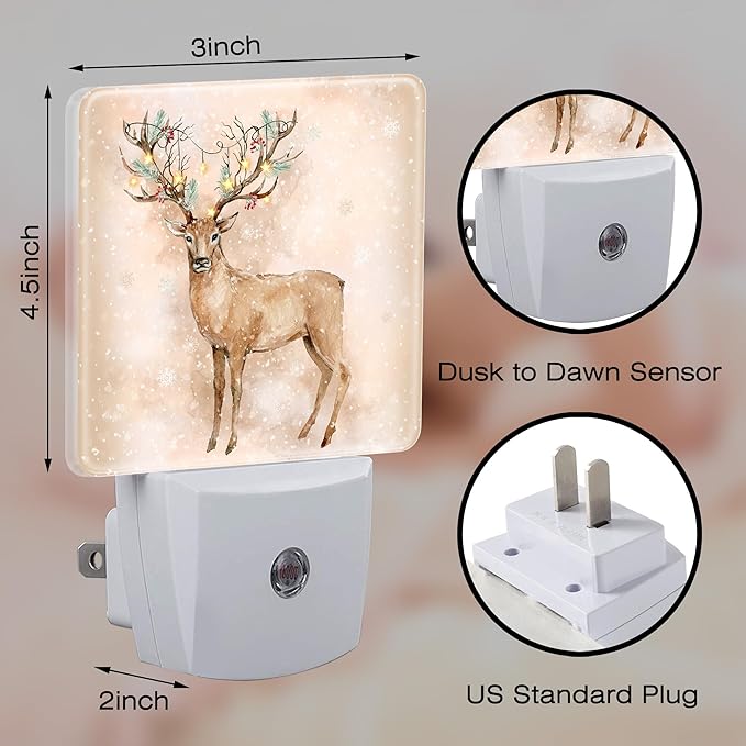 Winter Christmas Deer Night Light for Kids,Deer Horns Decorated with Fir Branches and Lights Night Light Plug in with Dusk to Dawn Sensor,0.5w Energy Saving Nightlight for Hallway Stairway Bedroom