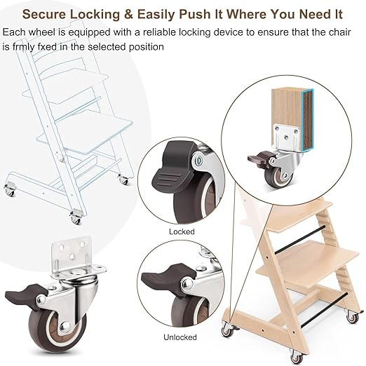 Universal Booster Wheel Kit for Stokke Tripp Trapp High Chairs - 360° Swivel Casters with Safety Locks + Free Sippy Cup Strap (4-Piece Set)
