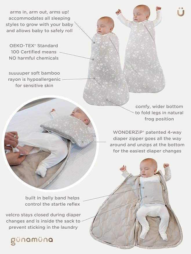 GUNAMUNA Swaddle Wrap for Newborns – Arms In or Out, Easy Diaper Changes with WONDERZiP, Soft Sleep Sack, 2.5 TOG