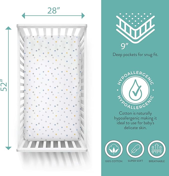 Featherhead™ 2-Pack Fitted Crib Sheets - 100% Cotton - 52" x 28" x 9" for Standard Crib and Toddler Mattress (Jersey Boys Polka)