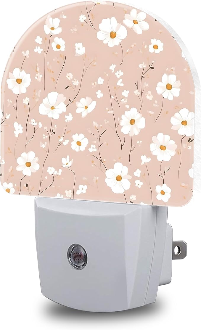 Night Light, Pink and White Flowers Night Lights Plug into Wall Dusk to Dawn Sensor Round Nightlight for Women Men Energy Efficient Led Lamp 0.5W for Stairway Hallway Bedroom