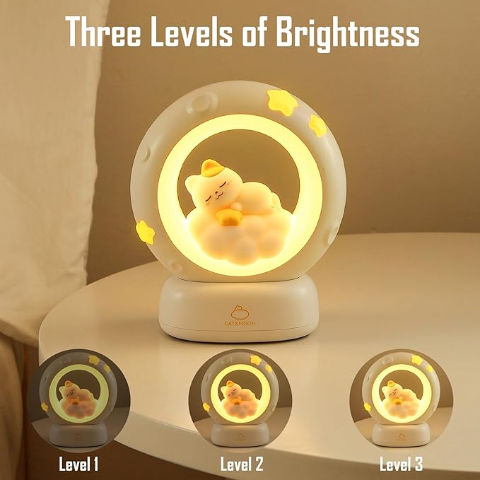 Moon and Cat Rechargeable Night Light, Safe PVC and ABS Material, 3 Brightness Levels, Tap Control, Warm Light, Toddler Sleeping Lamp, Bedroom Night Lamp, Gift for Baby and Kid (Moon and Cat)