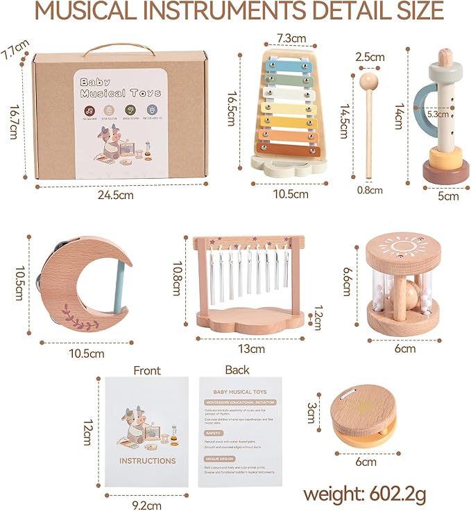 Promise Babe Wooden Xylophone Musical Instrument Sets Toy for Kids, Rattle Bell Montessori Cloud Toddler Music Percussion Toys, Christmas Birthday Gifts for Boys Girls 3 Year+