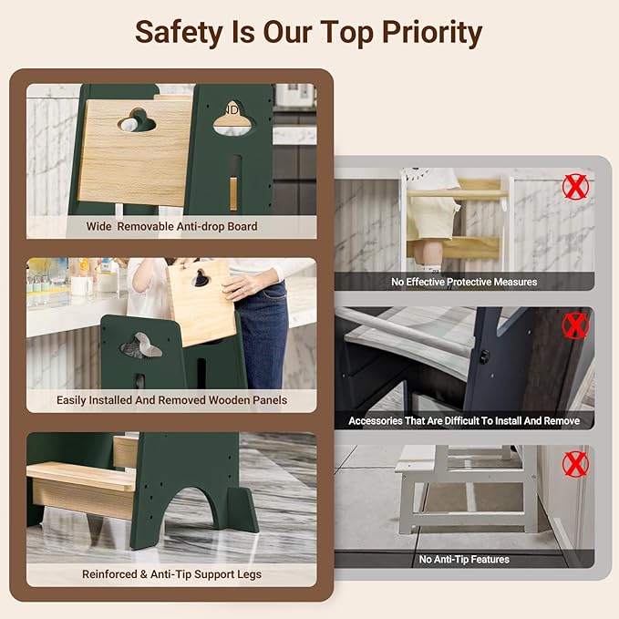 COSYLAND Toddler Standing Tower Adjustable Height - Super Stable Toddler Kitchen Stool Helper - 3 Levels Adjustable Wooden Kids Kitchen Stool (Natural & Green)