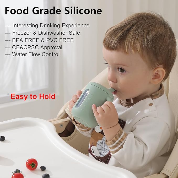 Seposeve 2 Pack Silicone Sippy Cups, Leak-Proof Baby Straw Cup for 6-12 Months, Spill Proof Toddler Cup with Straw 1-3 Years, with Capacity Marking, Non-slip Handle, Flow Control, 6 oz, Green Blue