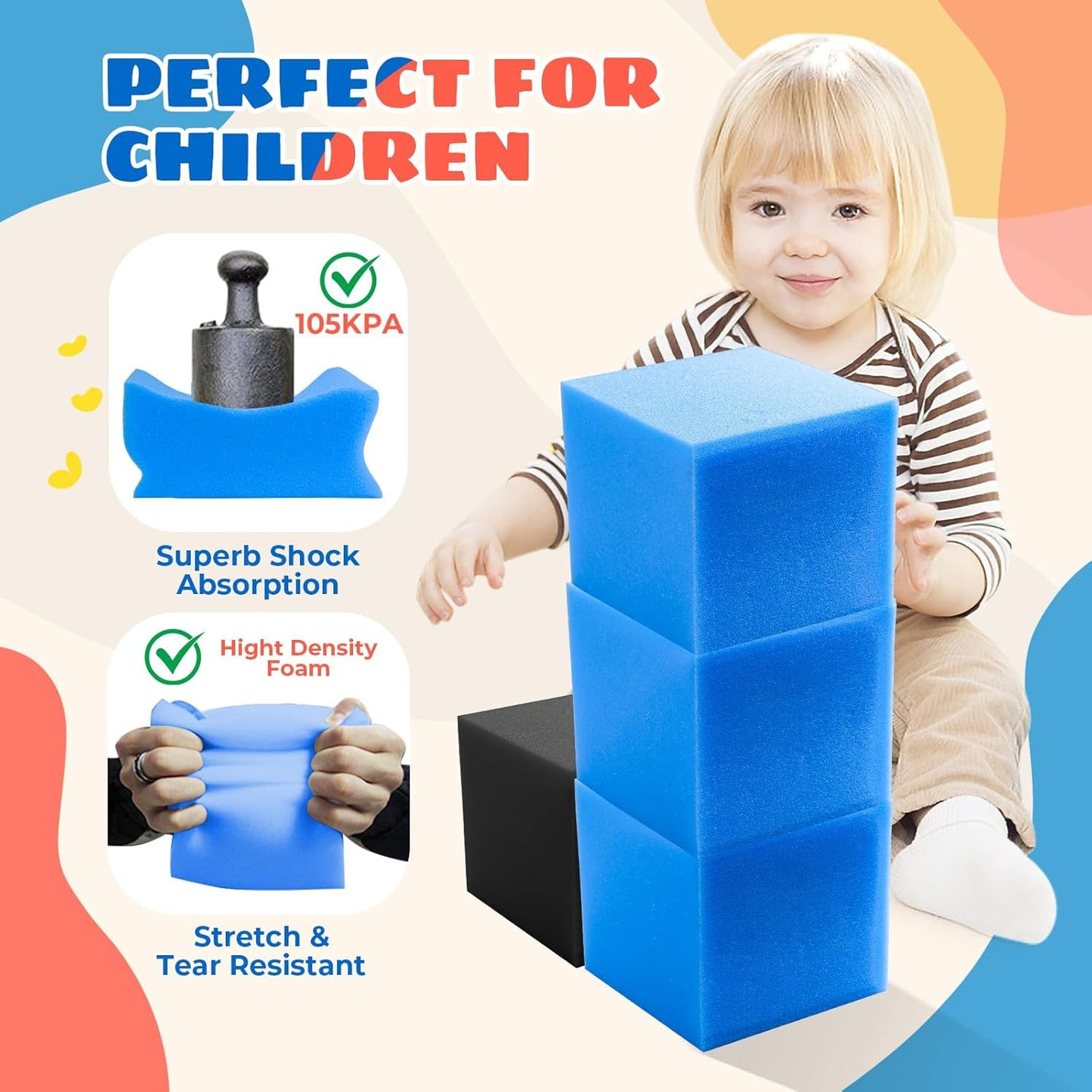 Foam Pit Cubes, 24 PCS 5 Inches Gymnastics Foam Blocks Trampoline Blocks, Multi-Sport Protective Padding for Gymnastics, Trampoline, Parkour, Skate Parks & BMX - Black & Dark Blue