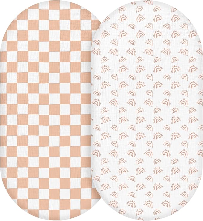 Muslin Bassinet Fitted Sheets, 2 Pack for Baby Boy and Girl, Soft Breathable Baby Pad/Mattress Sheet, Fit for Hourglass Oval and Rectangle Bassinet Mattress (Lattice Rainbow)