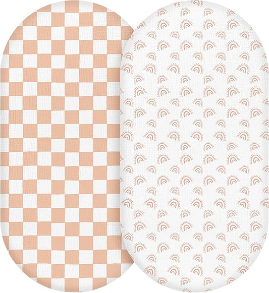 Muslin Bassinet Fitted Sheets, 2 Pack for Baby Boy and Girl, Soft Breathable Baby Pad/Mattress Sheet, Fit for Hourglass Oval and Rectangle Bassinet Mattress (Lattice Rainbow)