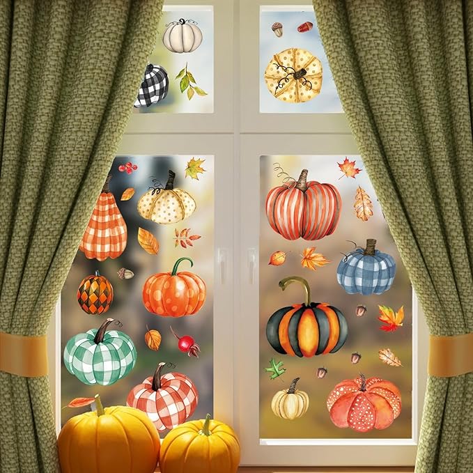 6 Sheets Pumpkin Window Stickers Thanksgiving Window Clings Double-Sided Fall Leaves Window Stickers Decor Autumn Window Clings for Glass Windows Holiday Home Kitchen Office Decorations DIY Supply