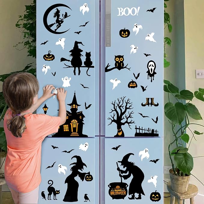 150 Pcs Halloween Window Clings Halloween Decor Indoor Bats Window Decoration | Large-Size Double-Side Witches Skeletons Windo Stickers Clings Hallowee Party Decoration Reusable & Removable