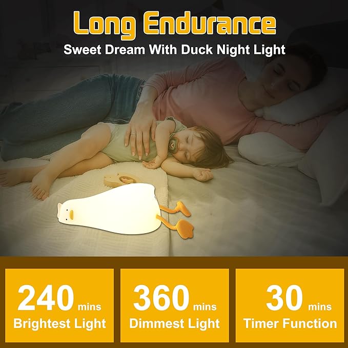 LED Lying Flat Duck Night Light, 3 Level Dimmable Nursery Nightlight, Cute Lamps Silicone Squishy Light Up Duck, Rechargeable Bedside Touch Lamp for Nursery College Dorm Decor Trendy Stuff