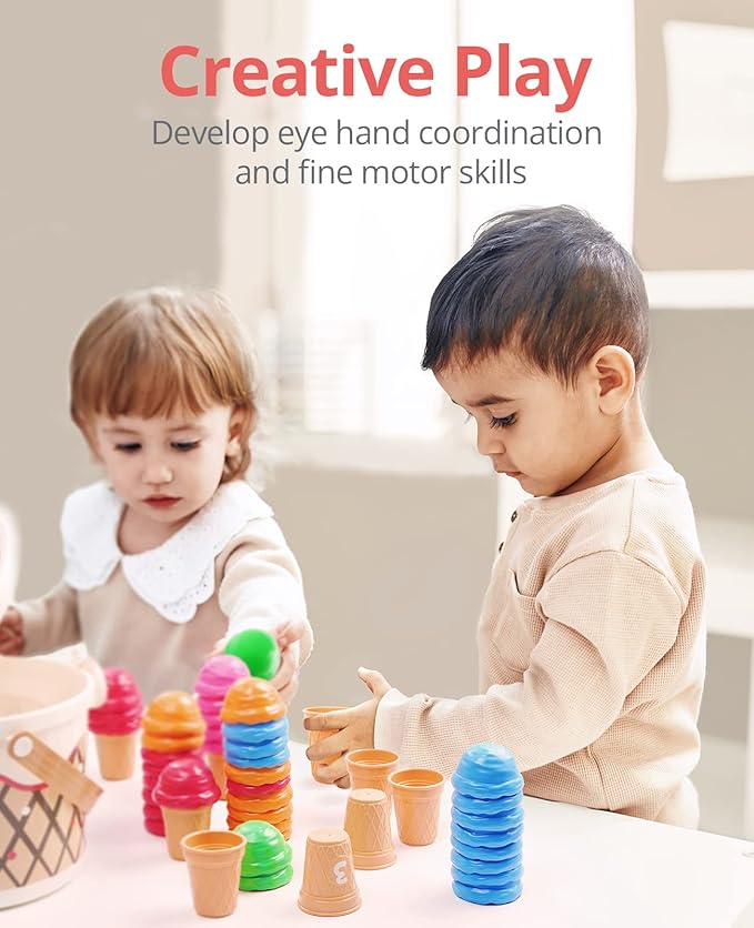 JoyCat Ice Cream Preschool Learning Activities Counting and Color Sorting Set Stacking Toys for Kids 3-5, Educational Fine Motor Skills Toys, 65PCS Math Manipulatives Resources Food Toys