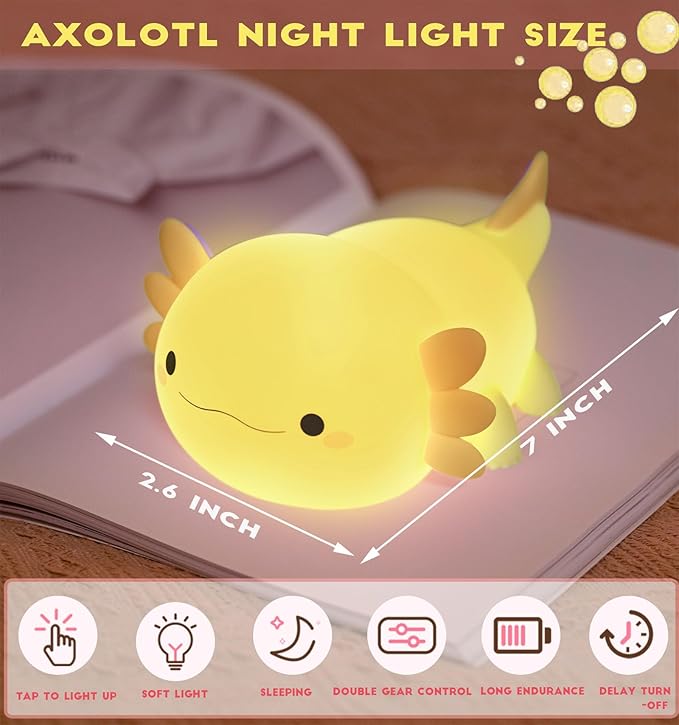 DREAMING MY DREAM Axolotl Night Light for Kids,Cute Axolotl Gifts lamp Rechargeable Light Table Bedside Lamp,LED Animal Silicone Nursery Night Lamp Cute Room Decor for Kids Girls Boys