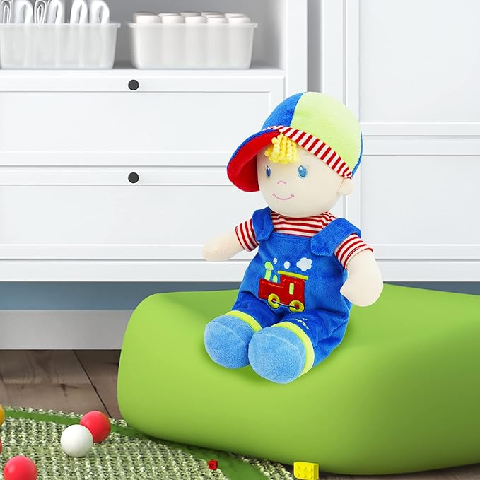 June Garden Personalized Soft Dolly Ben - Stuffed Soft Baby Boy Doll for Birth and Up with Custom Name - Blue Outfit - 13"