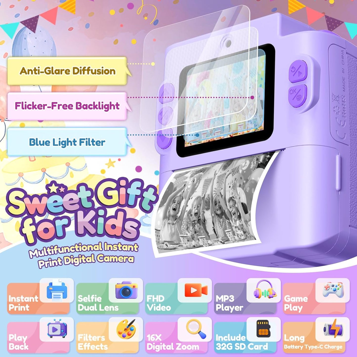 Kids Camera Gift for Girls: Selfie Digital Instant Print Cameras HD Camcorder Toys for Kids Teen Girls Boys Ages 3 4 5 6 7 8 9 10 12 Birthday Christmas Valentines Easter Gifts with 32G SD Card Purple