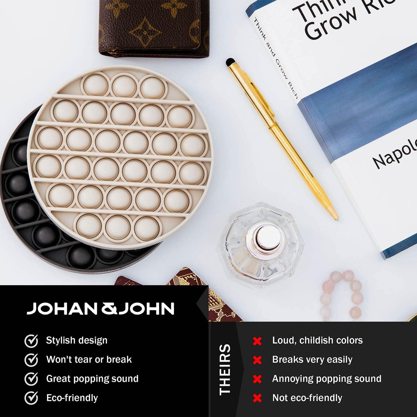 Pop It Fidget Toys 2-Pack, Sensory Toys for Adults & Kids, Stress & Anxiety Relief Toys, Stylish Scandinavian Design, Robust & Firm, Poppet Loud on Both Sides, Granite & Blizzard