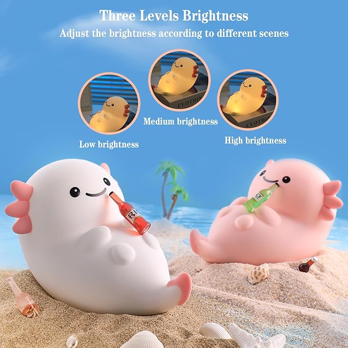 Cute White Axolotl Night Light, LED Squishy Night Lamp, Dimmable Timer Nursery Nightlight for Kids, Rechargeable Touch Lamp, Dorm Decor, Kids Funny Gifts(White Axolotl)