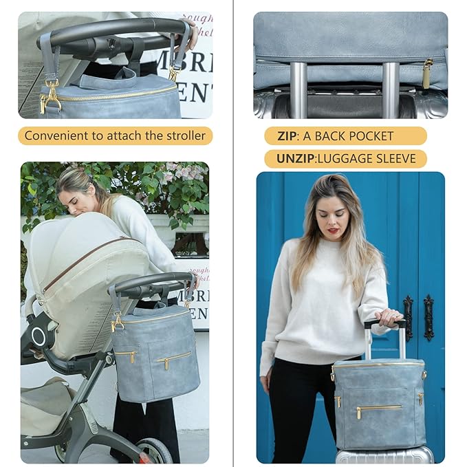 miss fong Diaper Bag Backpack Baby Diaper Bag, Large Leather Diaper Backpack with 16 Pockets Travel Diaper Bag with Diaper Changing Pad, Stroller Straps & 2 Insulated Pockets