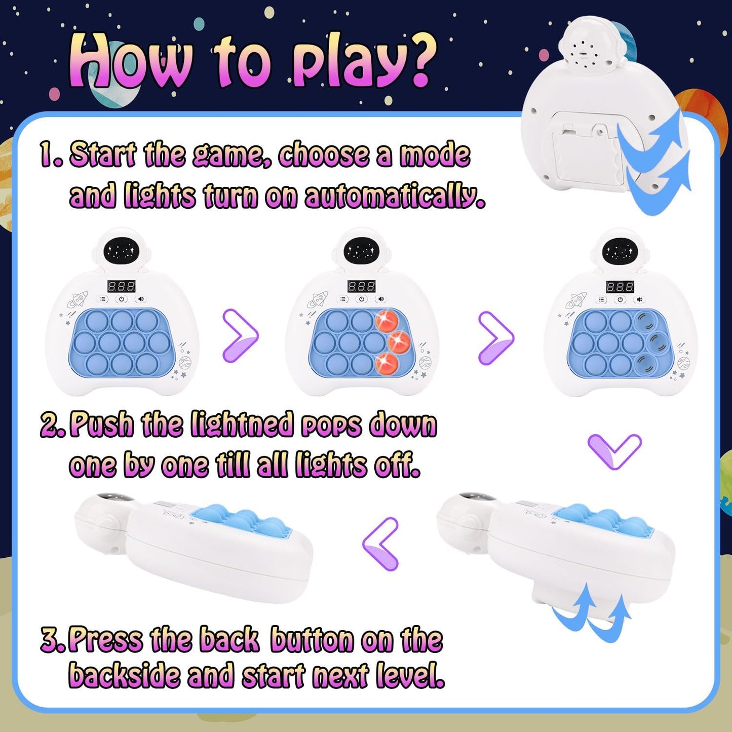 Quick Push Console Game, Pop Game Light up Fidget Toy, Handheld Puzzle Game Fast Push Bubble Game with Game Clearance Screen for Kids Teens Adults (Astronaut)