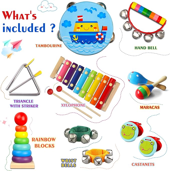 LOOIKOOS Toddler Musical Instruments Set Wooden Percussion Instruments Toy for Kids Baby Preschool Educational Musical Toys for Boys and Girls with Storage Bag