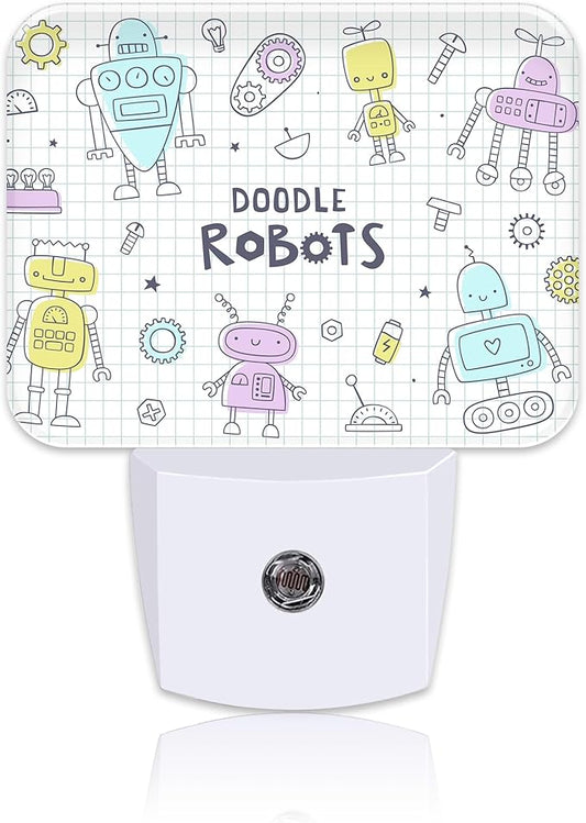 Doodle Cute Robots Night Light for Kids Girls Boys, Funny Robots LED Night Light Plug into Wall with Dusk to Dawn Sensor for Bedroom, Hallway, Kitchen, Bathroom, Stairs Decor