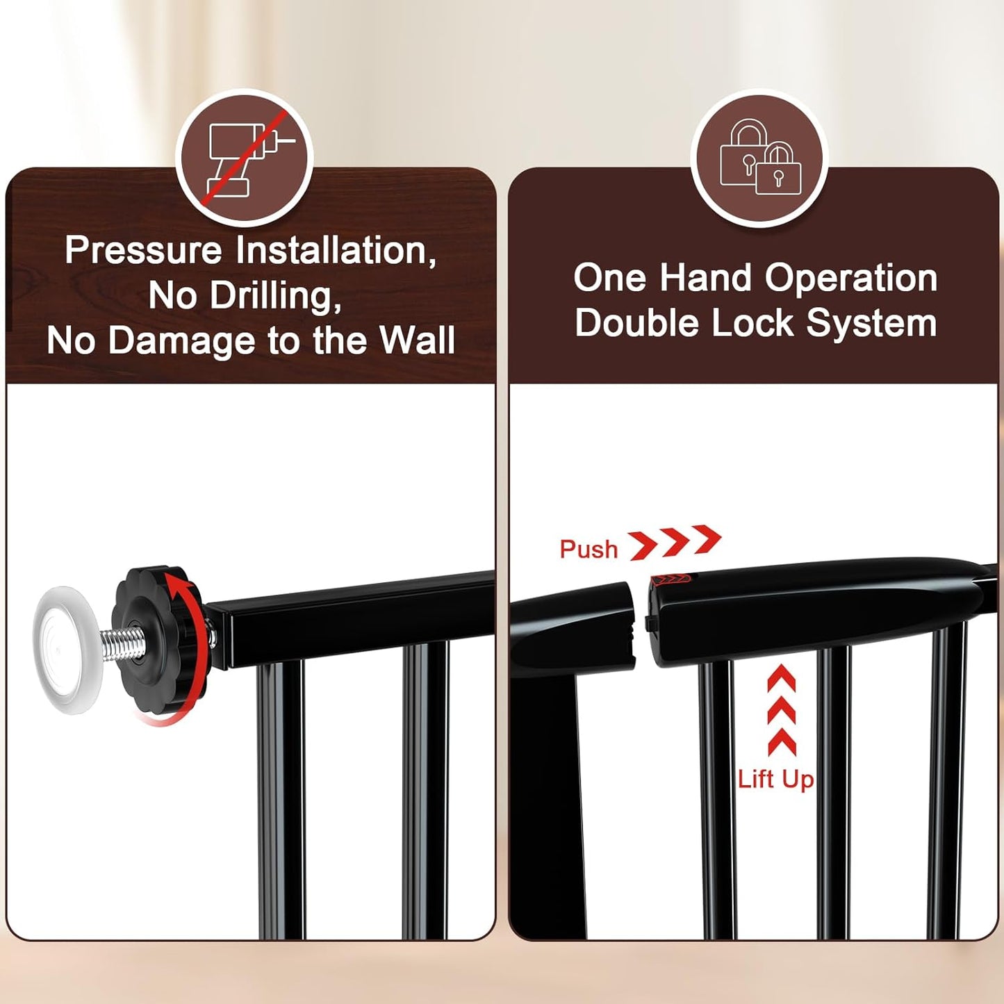 DEARBB Extra Wide Baby Gate Ultra Narrow Spacing 30.11-77.36" Pressure Mounted Double Lock Swing Auto Close Walk Through Metal Safety Pet Gate for Stairs and House Doorway Kitchen