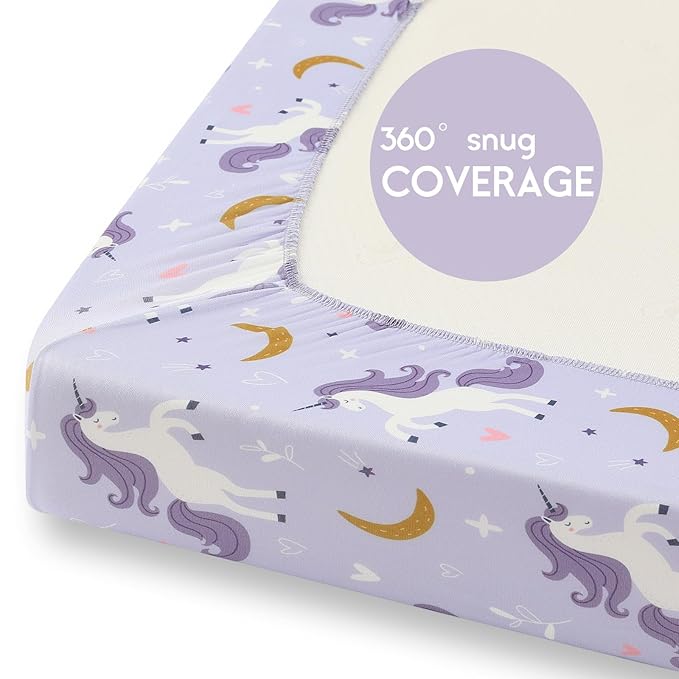 Yoofoss Pack and Play Sheets Fitted, Mini Crib Sheets 2-Pack for Pack N Play Mattress, Stretchy Playard Sheet, Soft and Breathable (Purple+Unicorn)