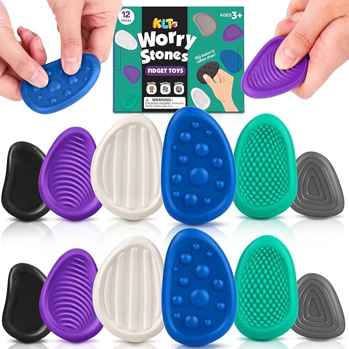Fidget Toys Adults Sensory Stones: 12 Pack Textured Worry Stone for Autism Kids Calming Down - Fidget Stress Toys for Anxiety Relief - Students Prizes Fidget Toys