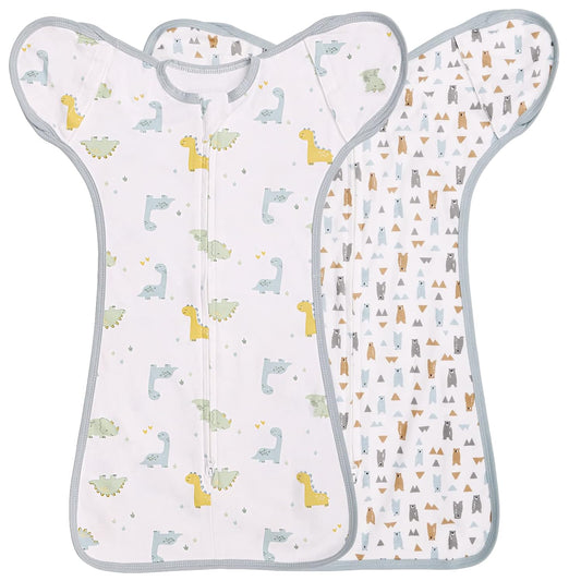 2 Pack Transition Swaddle with 2 Way Zipper, 2 in 1 Arms in/Out Transitional Arms Up Swaddle, 100% Cotton Newborn Swaddles Zipper Swaddles Baby Swaddling Sack Sleeping Sack 0-3 Months, Dinosaur & Bear