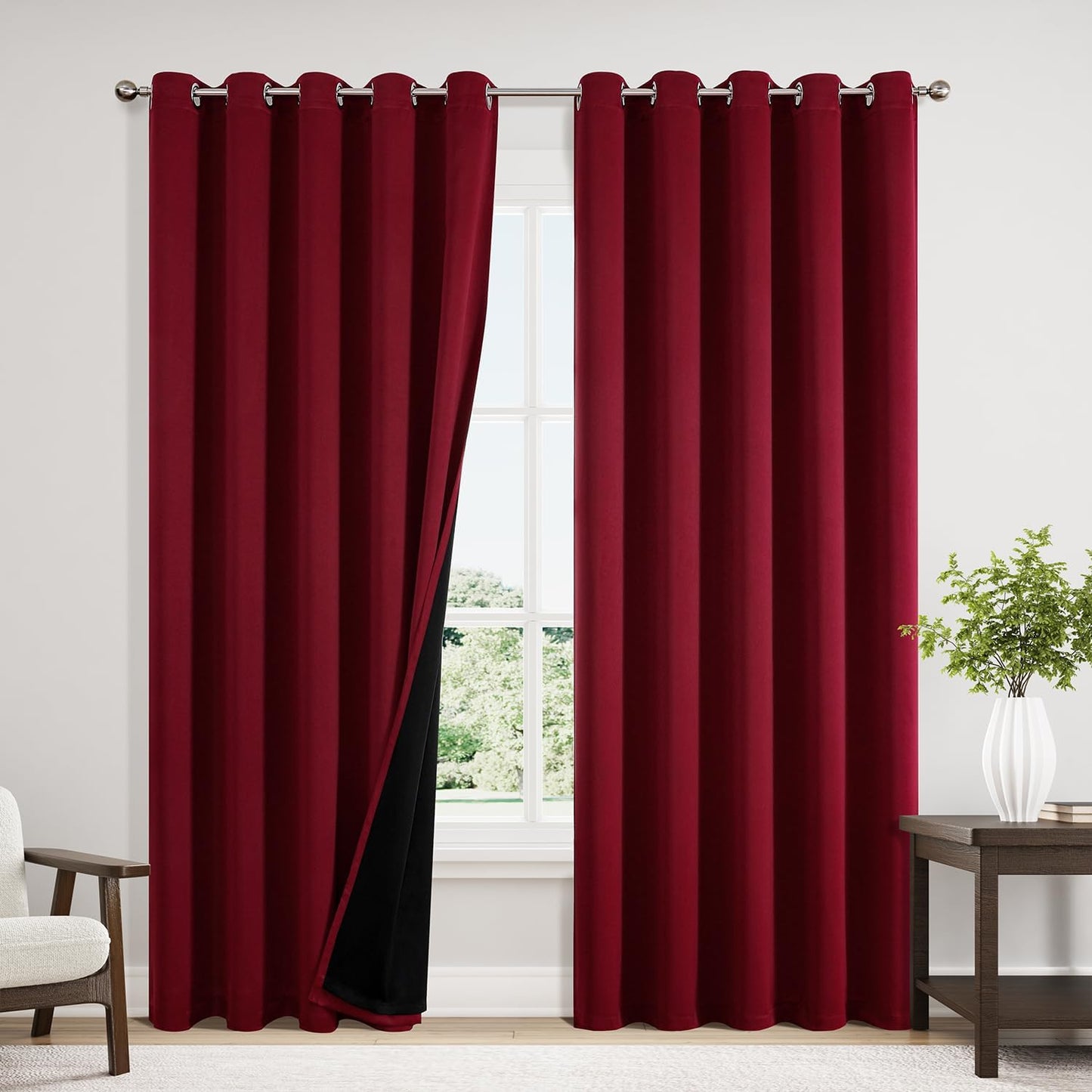 ChrisDowa 100% Blackout Curtains 84 inch Long for Bedroom with Black Liner, Extra Wide 2 Thick Layers Total Blackout Thermal Insulated Grommet Window Curtains 2 Panels Set (Burgundy, 60 x 84 Inch)
