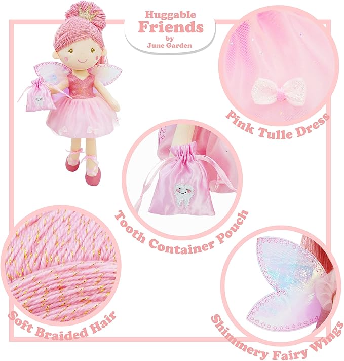 June Garden 17" Tooth Fairy Doll Anastasia - Plush Stuffed Soft Doll Girl Gift - Pink Outfit and Wings
