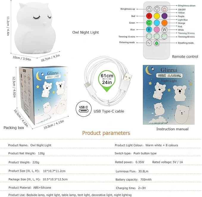 Owl Night Light Baby Bedside Lamp Child, Silicone Nursery Lamp for Breastfeeding Bedroom Mood Lights, Eye Caring, Adjustable Brightness & Color, Time Setting, Holiday Gifts - Medium