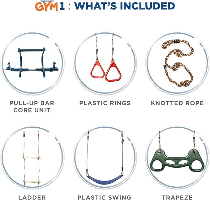 Gym1 6-Piece Doorway Gym Indoor Playground - 6-Piece, Blue - Indoor Playset with Sensory Swing, Pull-Up Bar & Rings, Trapeze, Ladder & Knotted Rope