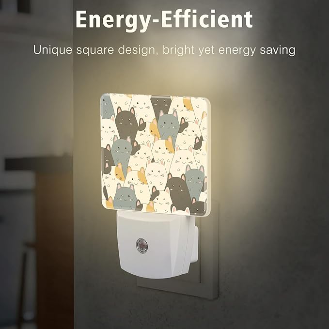 Cat Night Light Cartoon Cat Plug in Night Lights LED Lamp with Dusk to Dawn Sensor Auto Energy Saving Square Lights for Bedroom Bathroom Hallway Home Wall Decor Nightlight