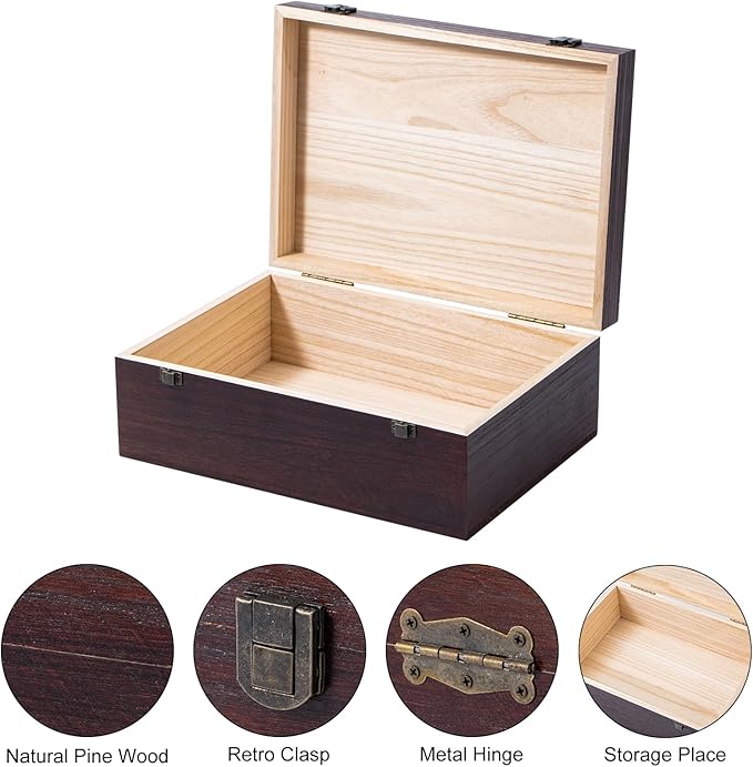 Wooden Storage Box with Hinged Lid and Front Clasp, Large Wood Storage Box, Wood Boxes Gift Boxes for Crafts Art Hobbies and Valentine's Day Decoration - 12.2''x8.6''x4.7'',Vintage Color