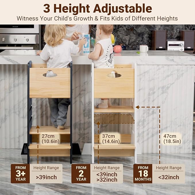 COSYLAND Toddler Standing Tower Adjustable Height - Super Stable Kids Kitchen Stool Helper - 3 Levels Adjustable Wooden Toddler Kitchen Stool (Natural & White)