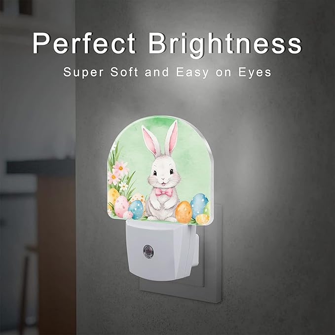 Cute Easter Bunny and Eggs Night Light, Easter Rabbit and Flowers Dusk to Dawn Night Light Plug in,0.5w Energy Saving Sleep Friendly NightLight for Kids Boys Girls Home Decor