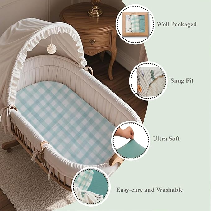100% Jersey Cotton Bassinet Sheets 17" x 29" Fits Halo BassiNest Swivel Sleeper and 4moms Mamaroo Sleep, Super Soft and Breathable Bassinet Fitted Sheets for Baby, 3 Pack, Green