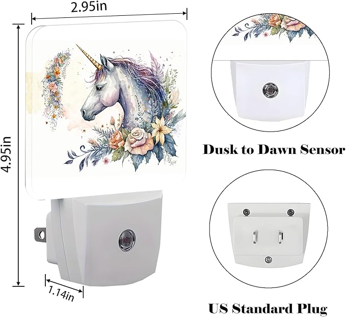 Watercolor Magic Unicorn and Flowers Night Light,Plug-in Night Lights with Dusk to Dawn Sensor for Stairway,Hallway,Bedroom Sleep Friendly Ideal for Women/Girls/Boys Gift,0.5w