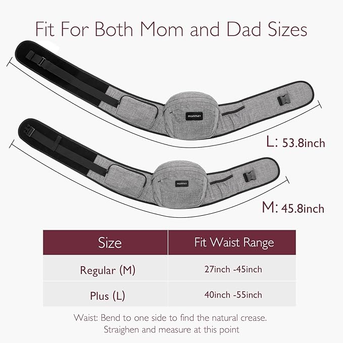 Momcozy Hip Seat Baby Carrier - Adjustable Waistband with Original 3D Belly Protector, Ergonomic Carrier with Various Pockets for Newborns & Toddlers up to 45lbs (Grey, Large)