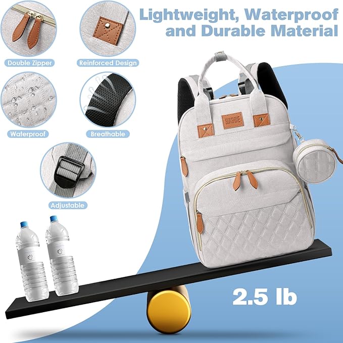 Diaper Bag Backpack, Large Diaper Bag with Changing Station, New Mom Gifts, Lightweight Waterproof Unisex Diaper Bag with Insulated Pockets and USB Charging Port, Beige