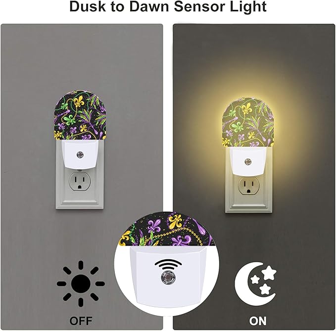 Mardi Gras Carnival Design Night Light, Colorful Fleur De Lis and Feathers Dusk to Dawn Night Light Plug in, 0.5w Energy Saving Sleep Friendly Nightlights for Kids Boys Girls Home Decor