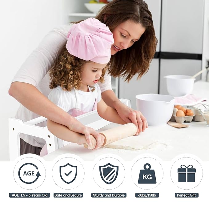 4 in 1 Kitchen Toddler Step Stool, Foldable Learning Toddler Standing Tower with Double-Sided Whiteboard, Wooden Kitchen Stool Helper for Kids 1.5 to 5 Years Old,Bathroom Sink Counter