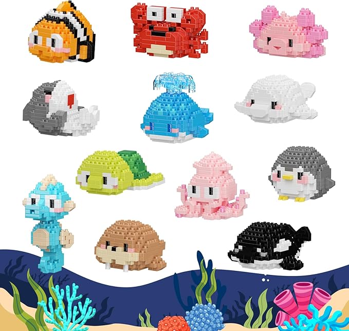 12 Pack Cute Ocean Sea Animal Mini Building Blocks Sets, 2642 PCS Micro Mini Building Bricks Toy for Adults, Party Favors for Kids Boys Girls 12-14
