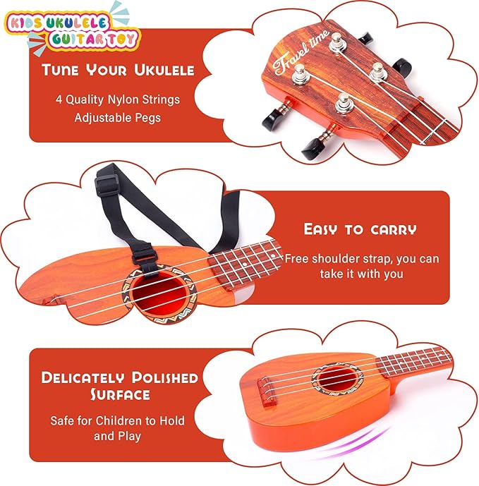 YOLOPLUS+ 17 Inch Kids Ukulele Guitar Toy 4 Strings Mini Children Musical Instruments Educational Learning Toy for Toddler Beginner Keep Tone Anti-Impact Can Play with Picks/Strap/Primary Tutorial