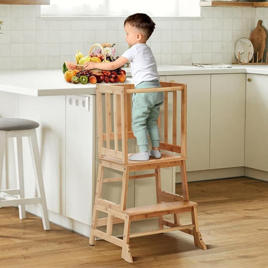 COSYLAND Toddler Standing Tower with Stabilizing Legs - Bamboo Kids Kitchen Step Stool for Learning Cooking - Stable Nursery Standing Stool for Kitchen Island, Bathroom (Natural)