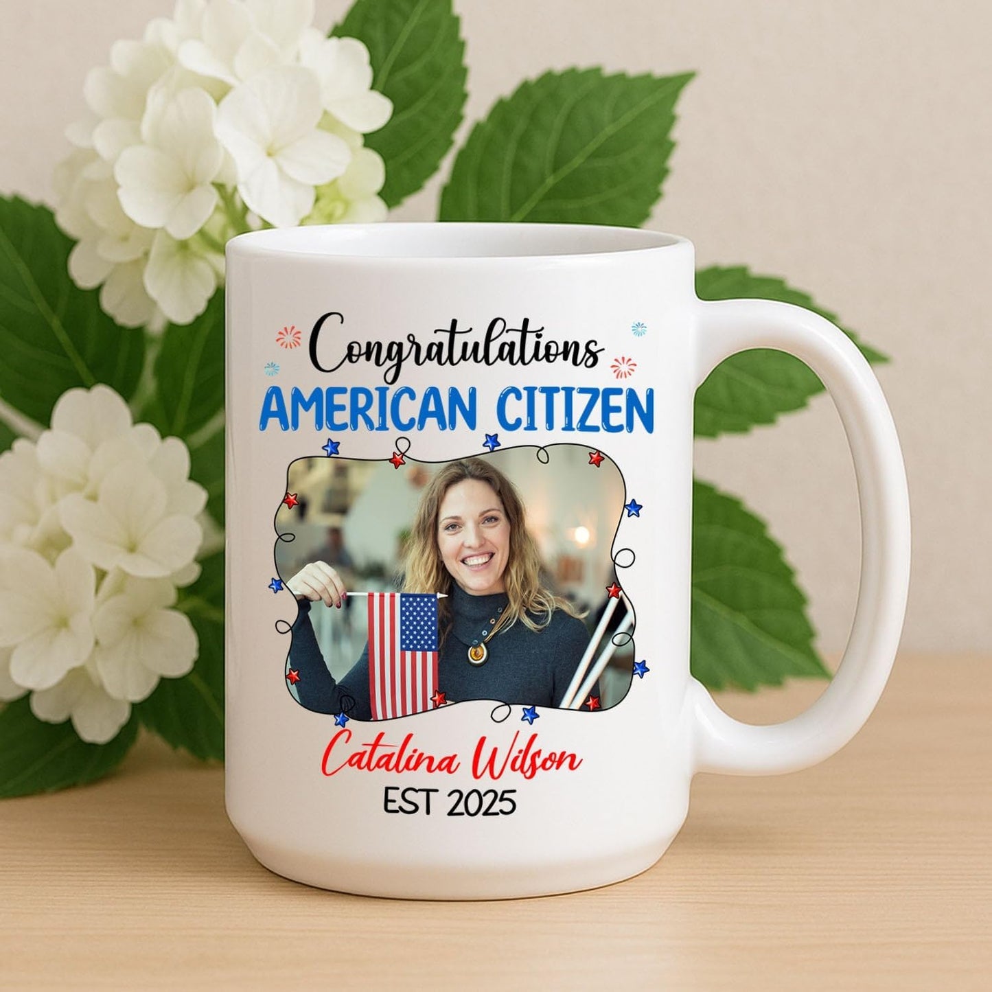 Congratulations American Citizen Coffee Mug, Customized Name Photo & Year On Citizenship Celebration White Cup Gift For Family Friend Coworker, Personalized Picture New US Citizen Ceramic Mug 11 15Oz