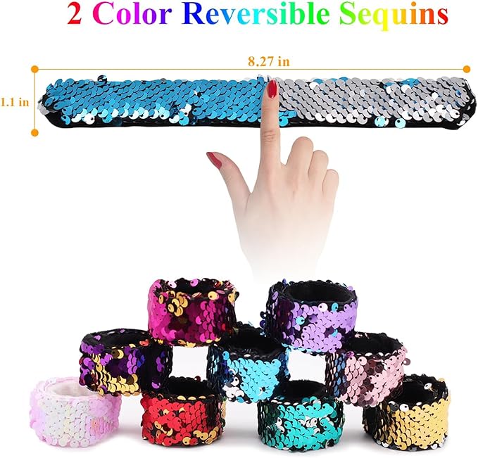 Childom 20 Pack Slap Bracelets 2-Color Reversible Charm Bracelets stage sequins horsetail buckle color ball head hair accessories hair accessories Magic Wristband