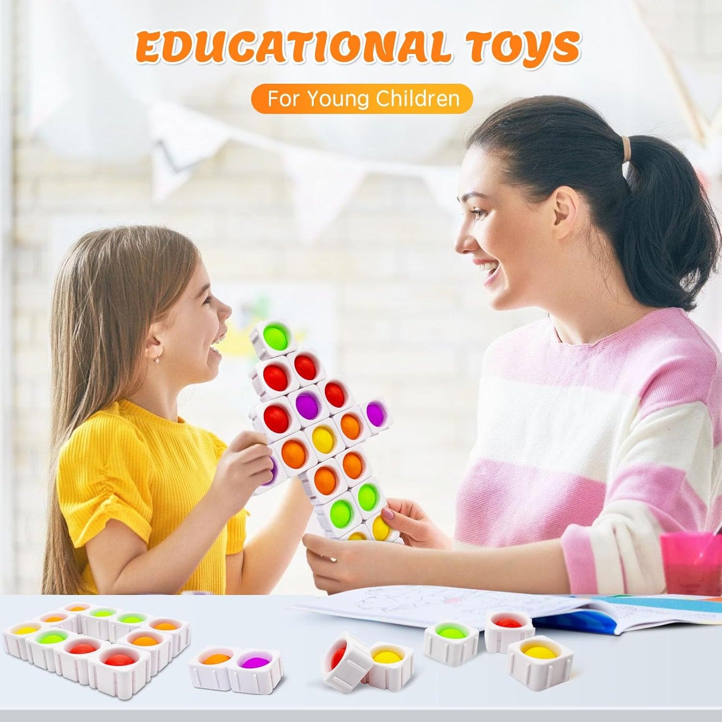 25Pcs Sensory-Pop-Fidget-Blocks, Fidget-Sensory Toys Kids CVC Learning Silicone Bubbles Toy, Pop Classroom Educational Building Block Stress Relief Puzzle for Children Adults Autistic (White)